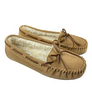 Minnetonka Womens Cally Moccasin Slippers 10M Tan Suede Leather Slip On Faux Fur